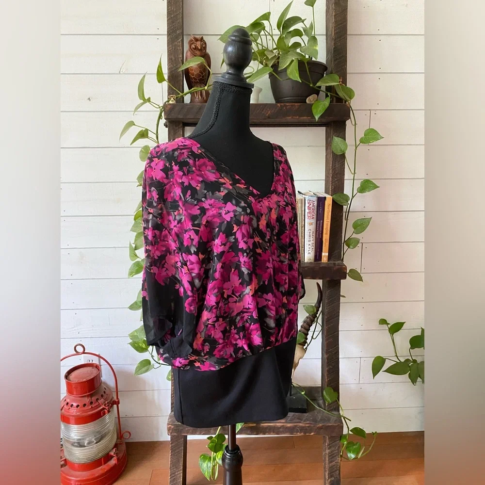Elle: Pink and Black Floral Blouse with Cami